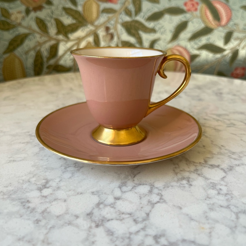 Flintridge Sylvan Demitasse Footed Teacup with Saucer in Pink & Gold Made in USA